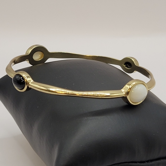 Dainty Goldtone minimalist bangle with black and white faux  cabachons - Picture 7 of 11
